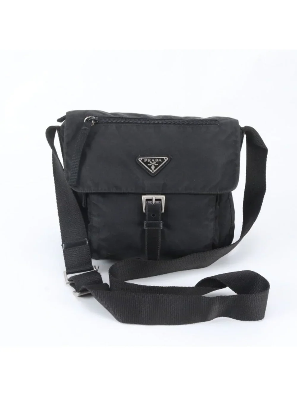 Prada Tessuto Nylon Triangle Logo Leather Shoulder Bag Crossbody Messenger Black